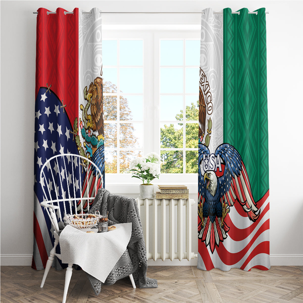 United States And Mexico Window Curtain USA Eagle With Mexican Aztec - Wonder Print Shop