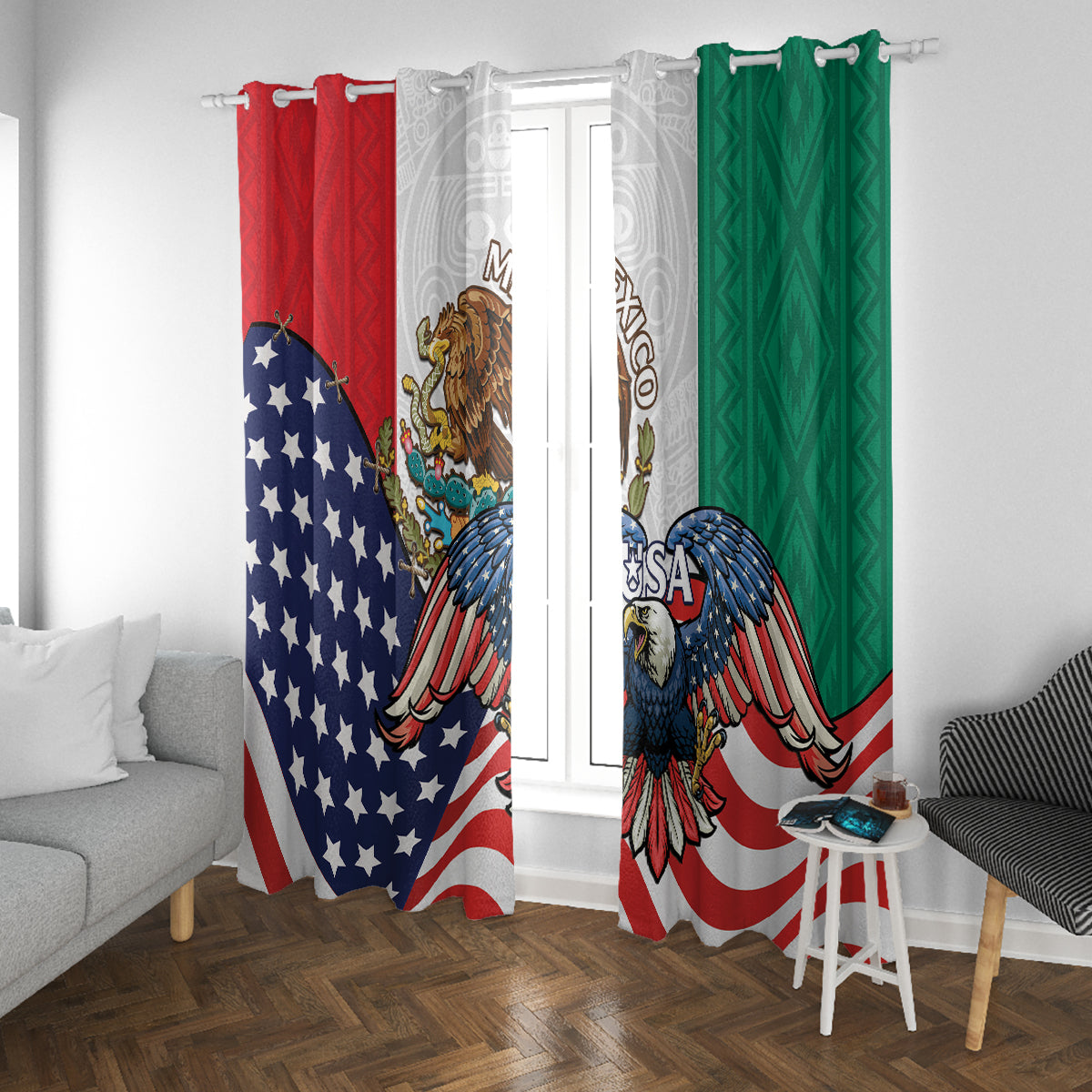 United States And Mexico Window Curtain USA Eagle With Mexican Aztec - Wonder Print Shop