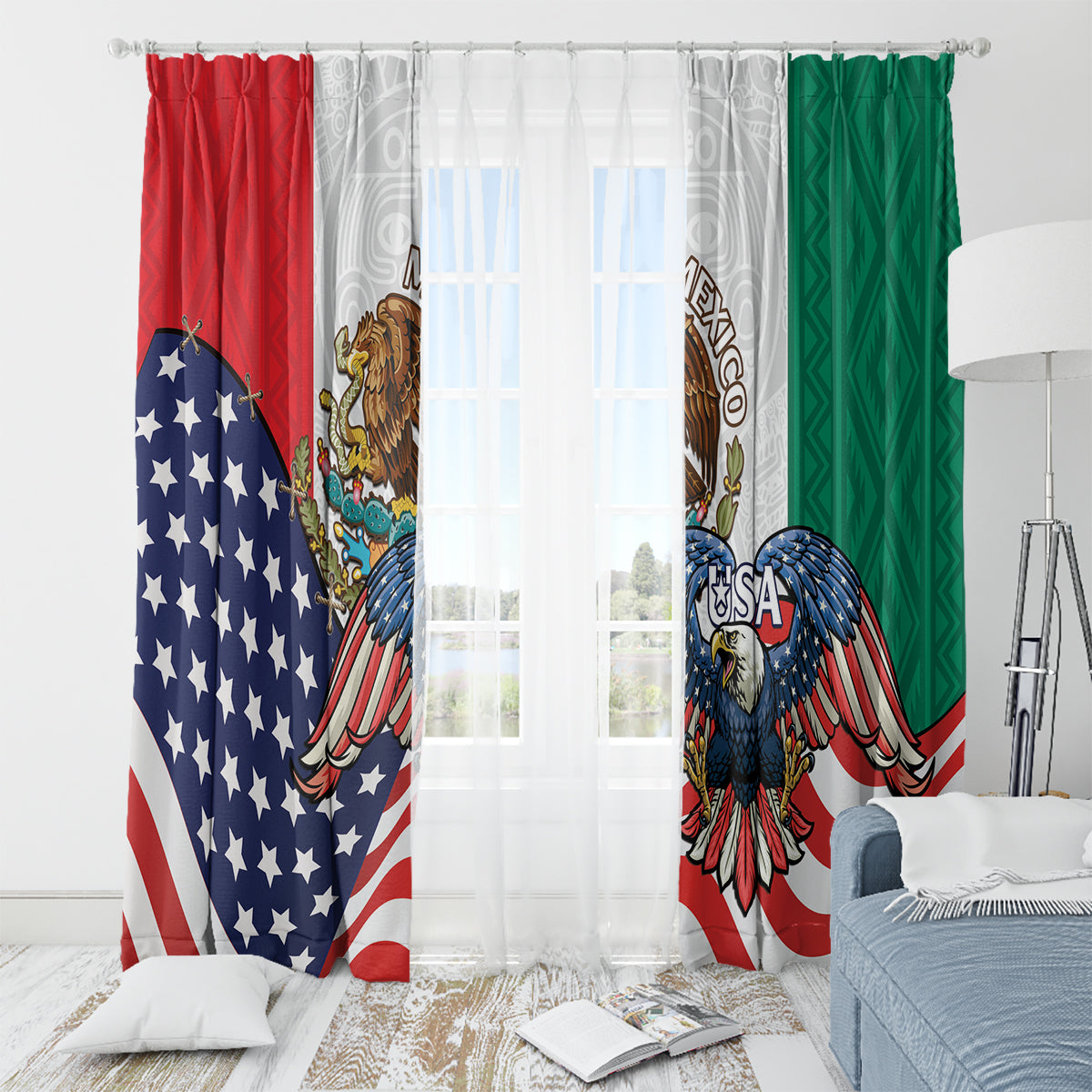 United States And Mexico Window Curtain USA Eagle With Mexican Aztec - Wonder Print Shop
