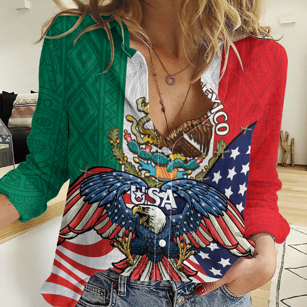 United States And Mexico Women Casual Shirt USA Eagle With Mexican Aztec - Wonder Print Shop