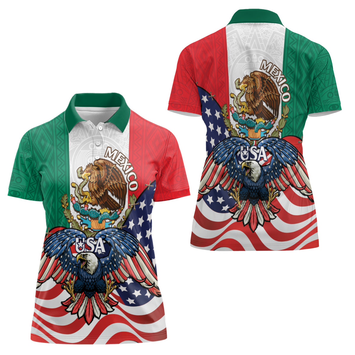 United States And Mexico Women Polo Shirt USA Eagle With Mexican Aztec - Wonder Print Shop