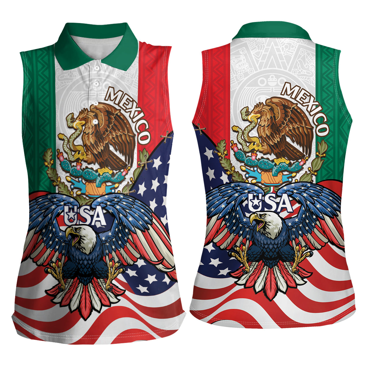 United States And Mexico Women Sleeveless Polo Shirt USA Eagle With Mexican Aztec - Wonder Print Shop