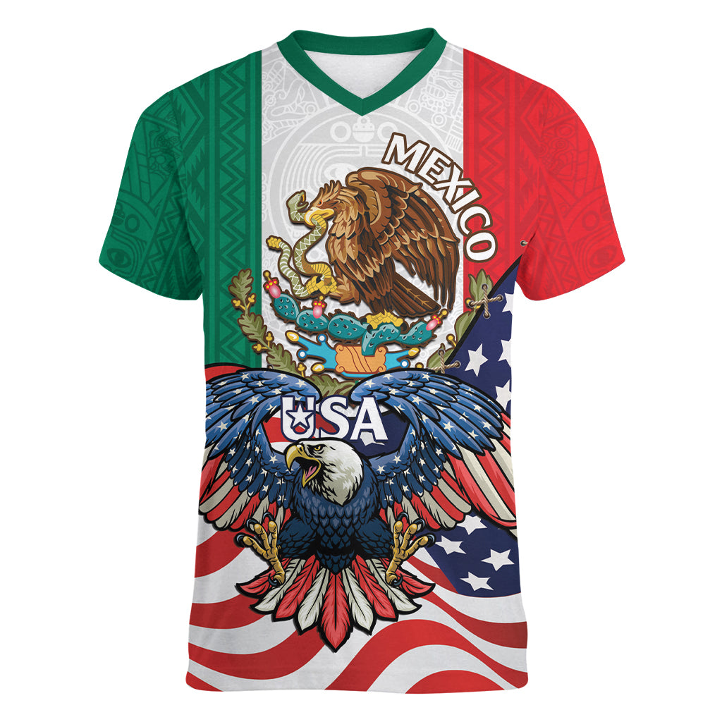 United States And Mexico Women V-Neck T-Shirt USA Eagle With Mexican Aztec - Wonder Print Shop