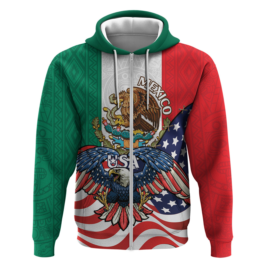 United States And Mexico Zip Hoodie USA Eagle With Mexican Aztec