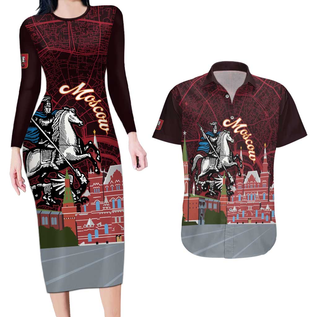 Russia Moscow Capital Couples Matching Long Sleeve Bodycon Dress and Hawaiian Shirt Moskva Red Square Map
