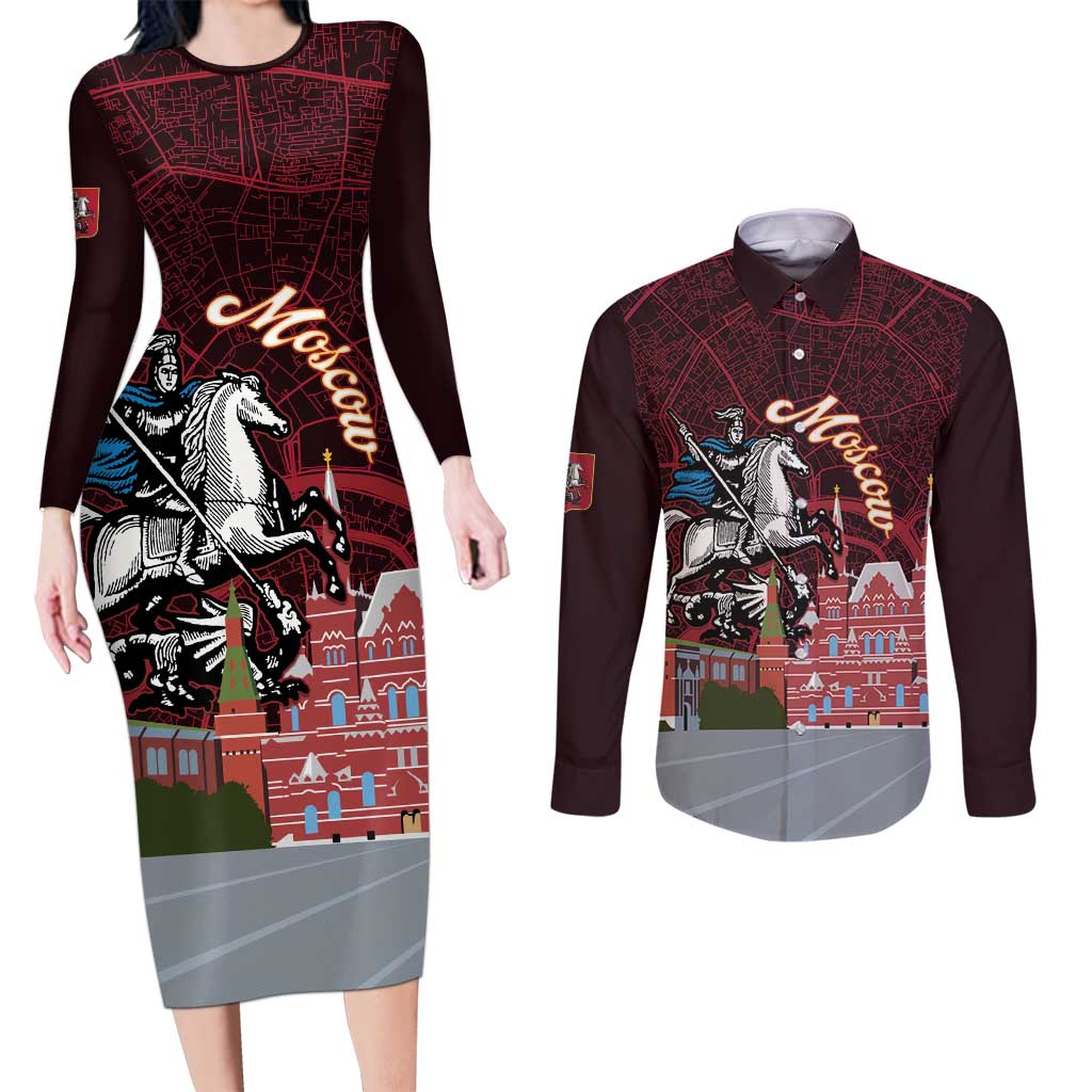 Russia Moscow Capital Couples Matching Long Sleeve Bodycon Dress and Long Sleeve Button Shirt Moskva Red Square Map