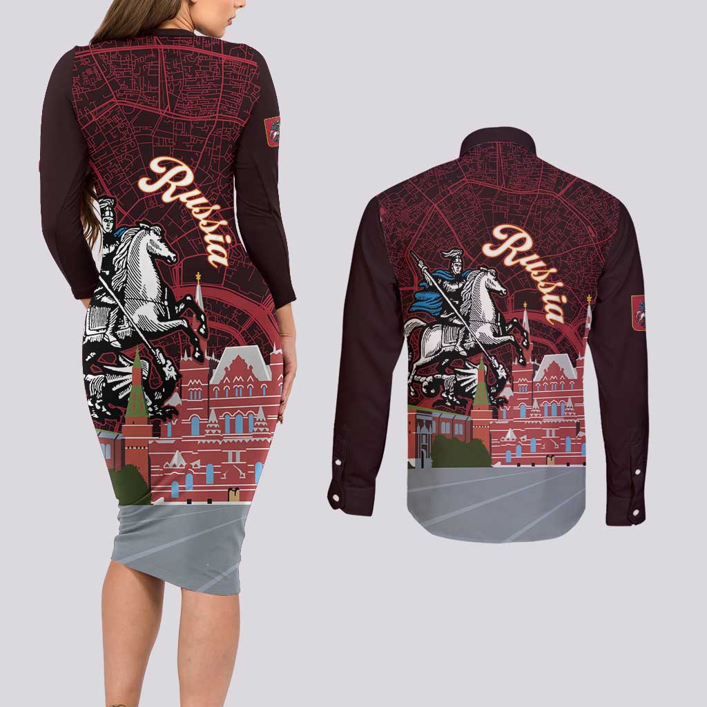 Russia Moscow Capital Couples Matching Long Sleeve Bodycon Dress and Long Sleeve Button Shirt Moskva Red Square Map