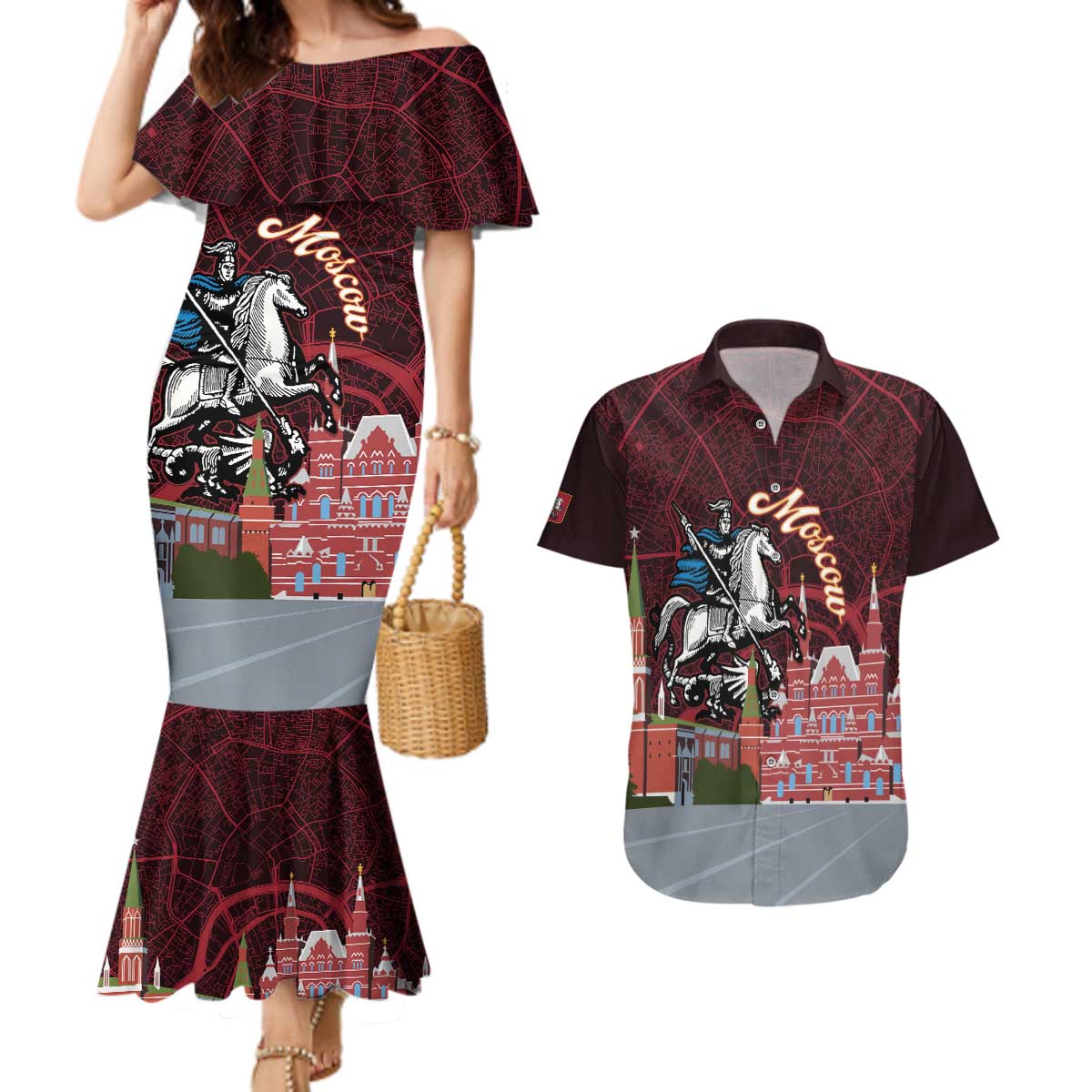 Russia Moscow Capital Couples Matching Mermaid Dress and Hawaiian Shirt Moskva Red Square Map
