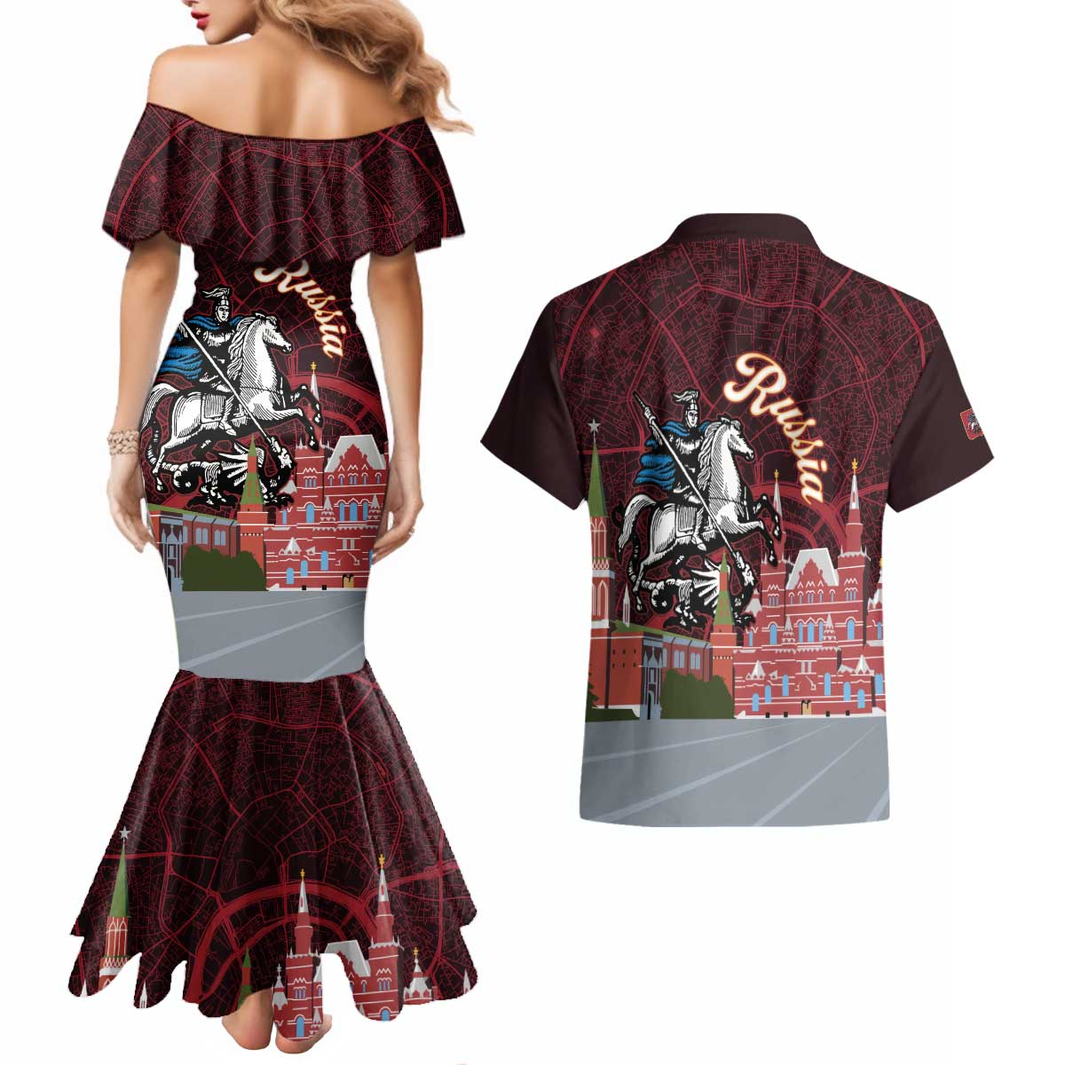 Russia Moscow Capital Couples Matching Mermaid Dress and Hawaiian Shirt Moskva Red Square Map