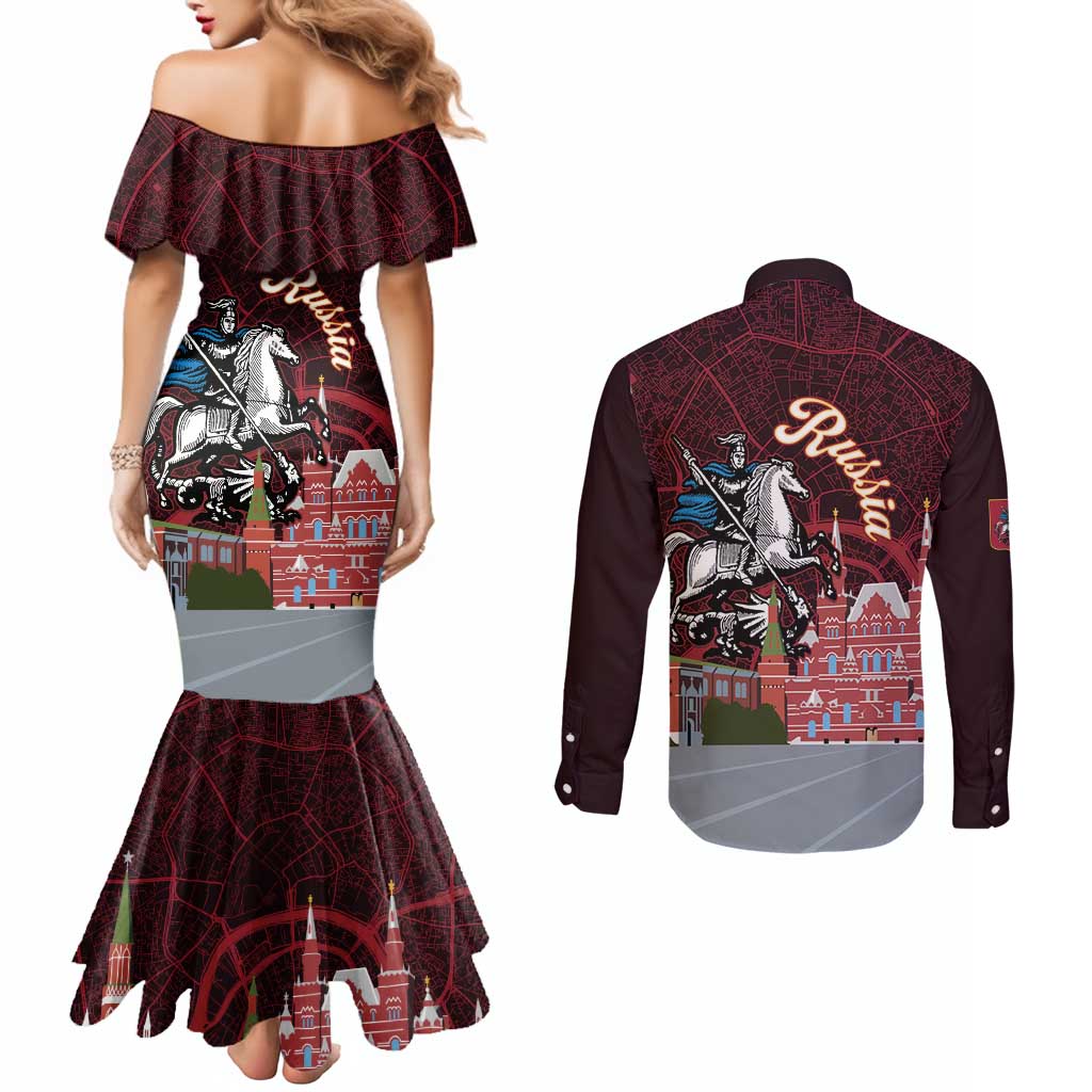 Russia Moscow Capital Couples Matching Mermaid Dress and Long Sleeve Button Shirt Moskva Red Square Map