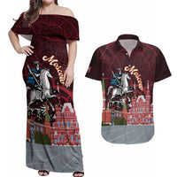 Russia Moscow Capital Couples Matching Off Shoulder Maxi Dress and Hawaiian Shirt Moskva Red Square Map
