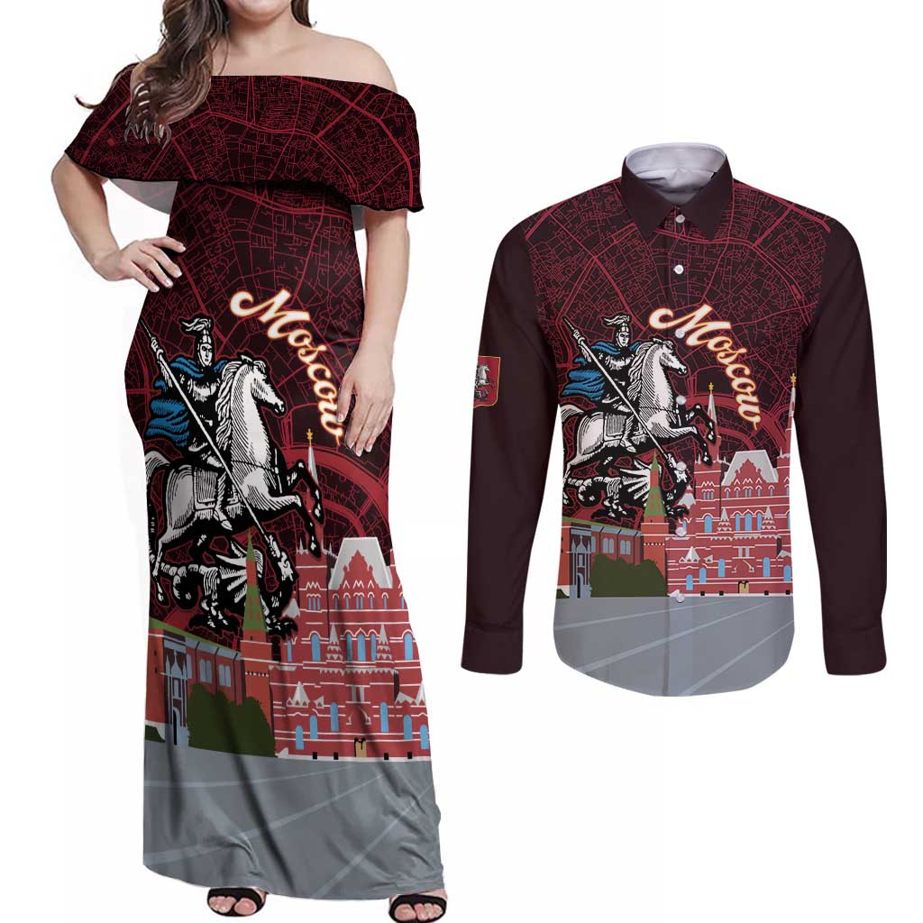 Russia Moscow Capital Couples Matching Off Shoulder Maxi Dress and Long Sleeve Button Shirt Moskva Red Square Map