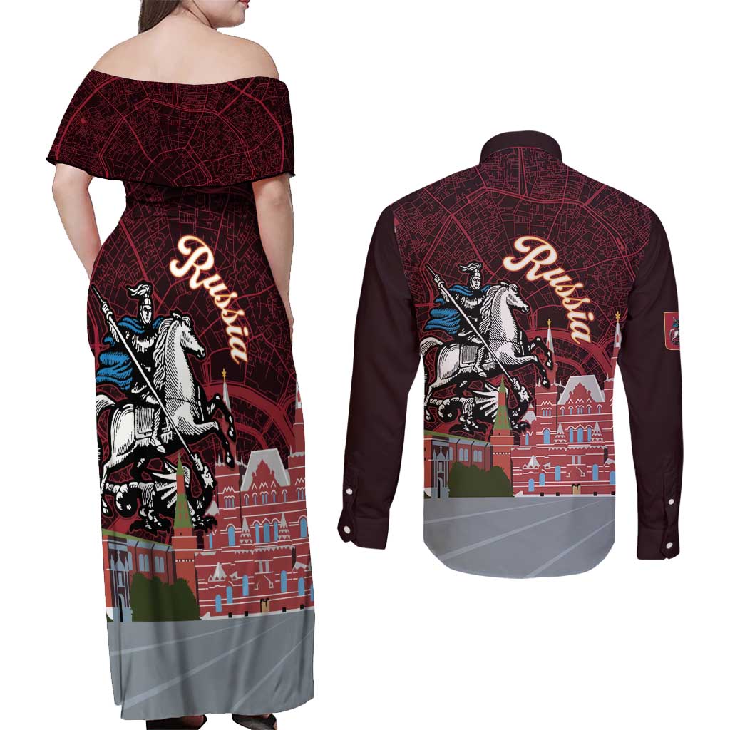 Russia Moscow Capital Couples Matching Off Shoulder Maxi Dress and Long Sleeve Button Shirt Moskva Red Square Map