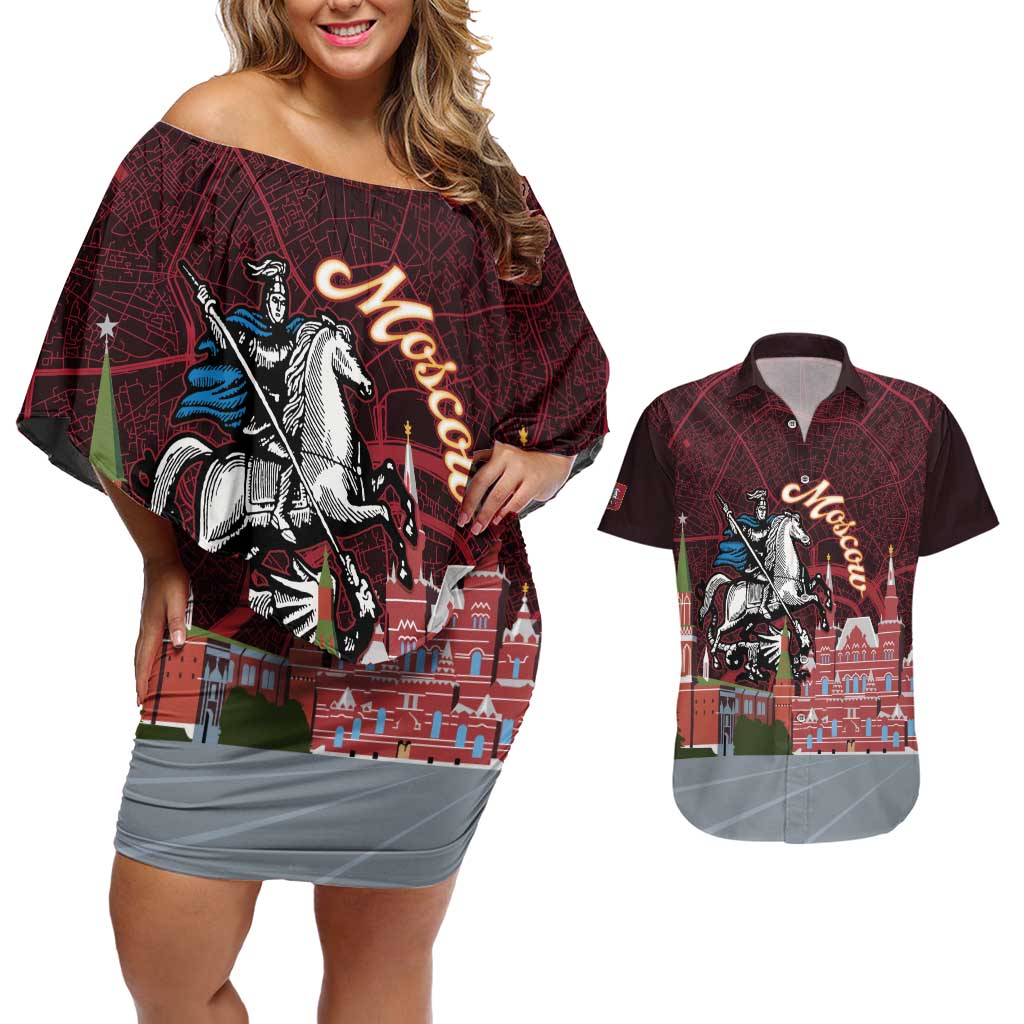 Russia Moscow Capital Couples Matching Off Shoulder Short Dress and Hawaiian Shirt Moskva Red Square Map