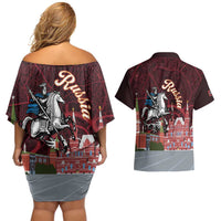 Russia Moscow Capital Couples Matching Off Shoulder Short Dress and Hawaiian Shirt Moskva Red Square Map