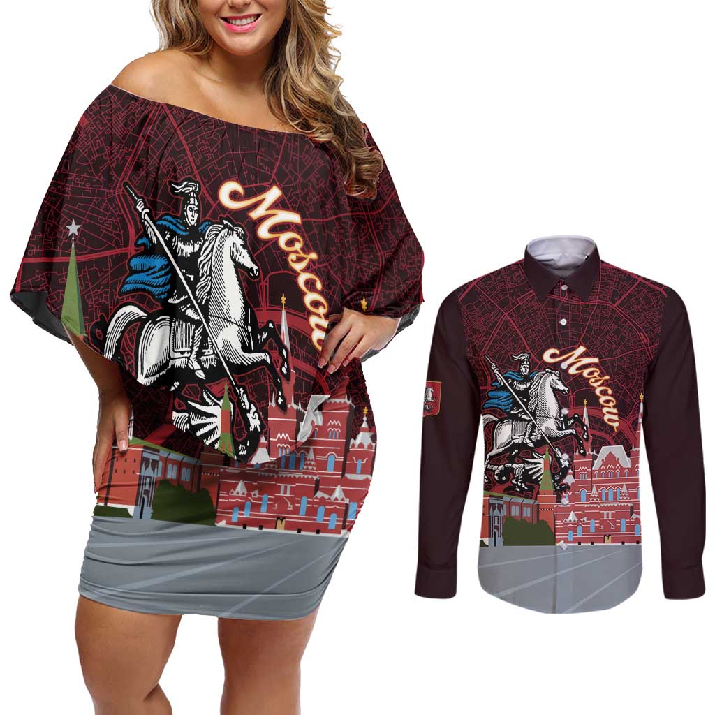 Russia Moscow Capital Couples Matching Off Shoulder Short Dress and Long Sleeve Button Shirt Moskva Red Square Map