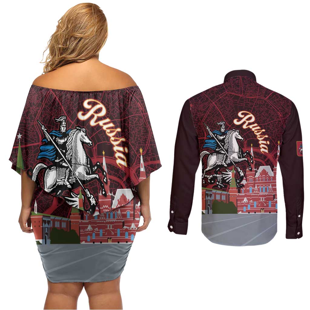 Russia Moscow Capital Couples Matching Off Shoulder Short Dress and Long Sleeve Button Shirt Moskva Red Square Map
