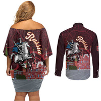 Russia Moscow Capital Couples Matching Off Shoulder Short Dress and Long Sleeve Button Shirt Moskva Red Square Map