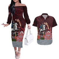 Russia Moscow Capital Couples Matching Off The Shoulder Long Sleeve Dress and Hawaiian Shirt Moskva Red Square Map