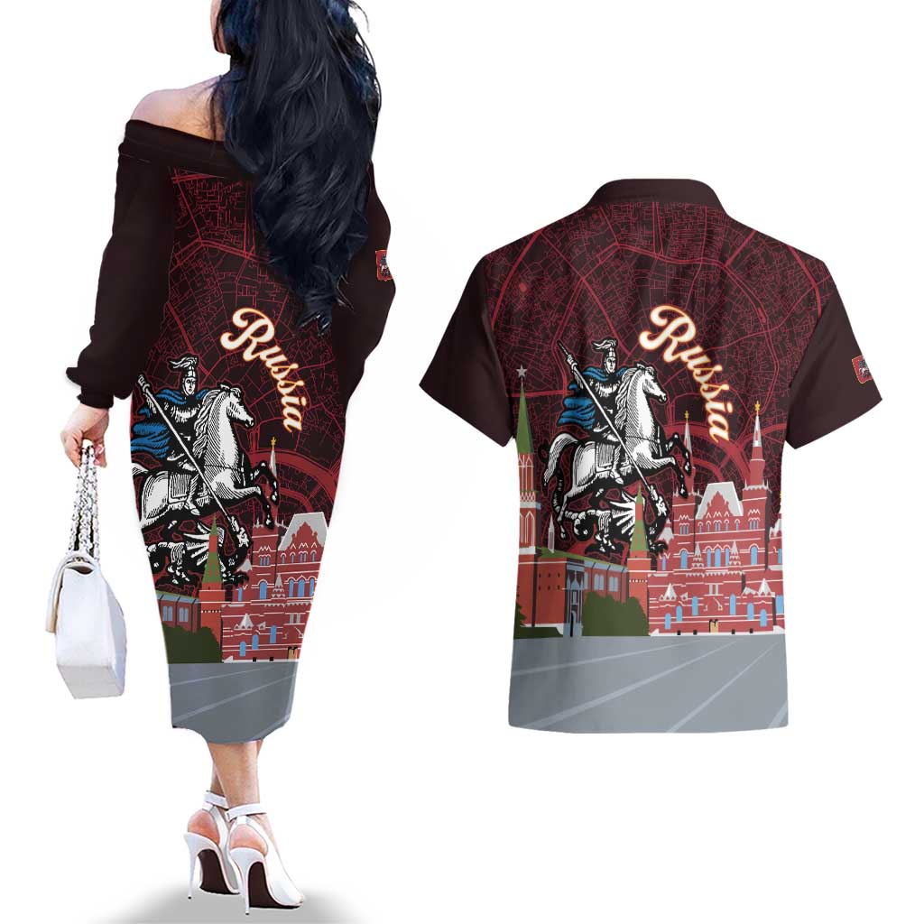 Russia Moscow Capital Couples Matching Off The Shoulder Long Sleeve Dress and Hawaiian Shirt Moskva Red Square Map