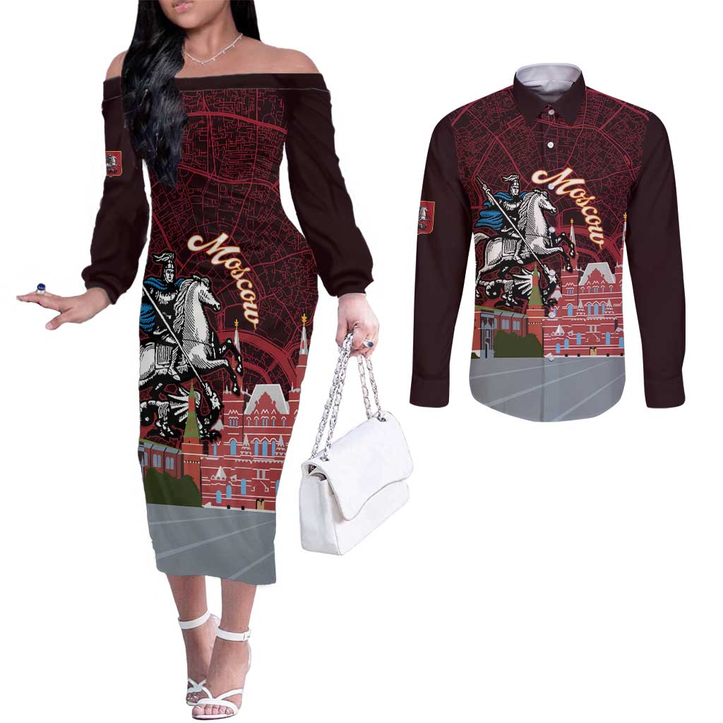 Russia Moscow Capital Couples Matching Off The Shoulder Long Sleeve Dress and Long Sleeve Button Shirt Moskva Red Square Map