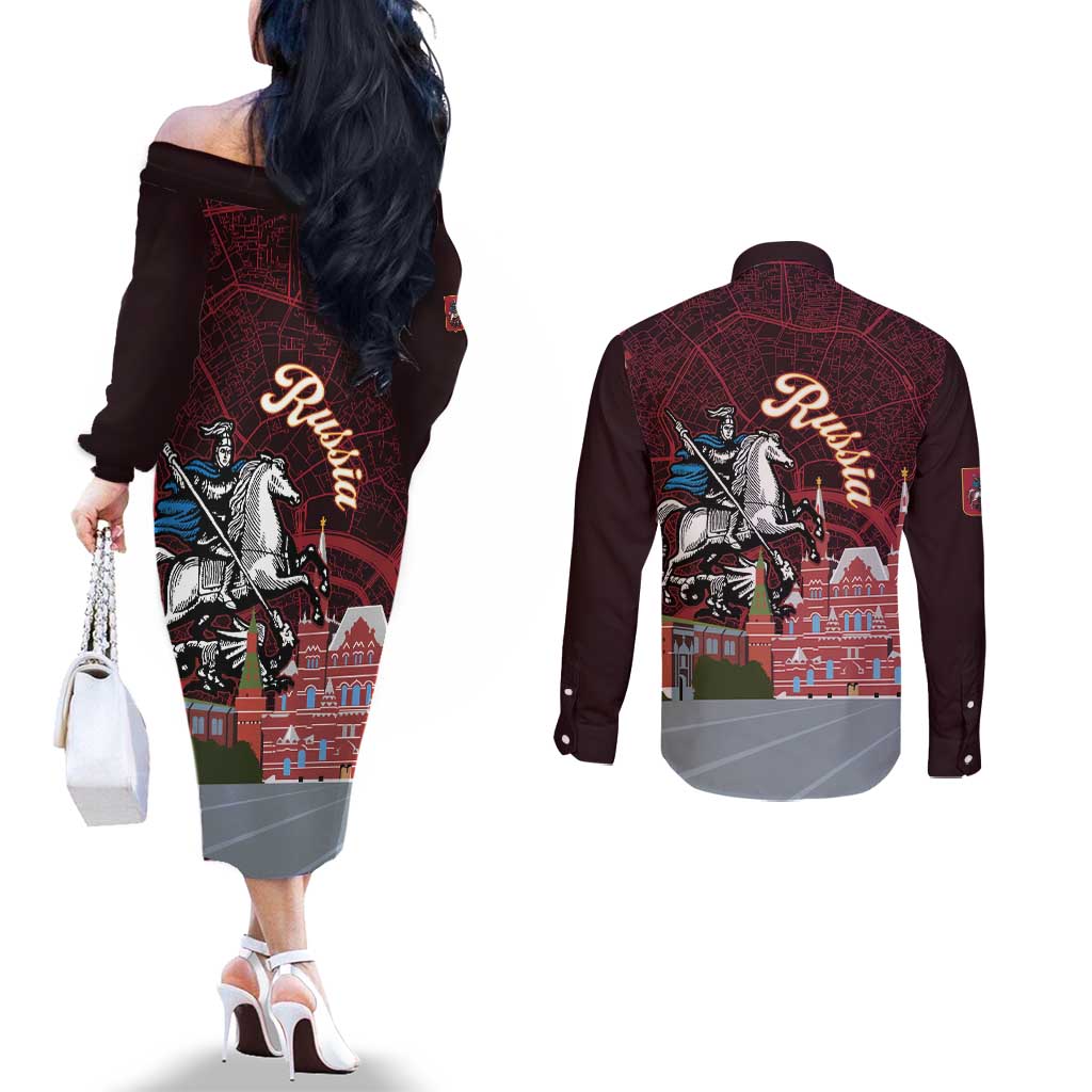 Russia Moscow Capital Couples Matching Off The Shoulder Long Sleeve Dress and Long Sleeve Button Shirt Moskva Red Square Map
