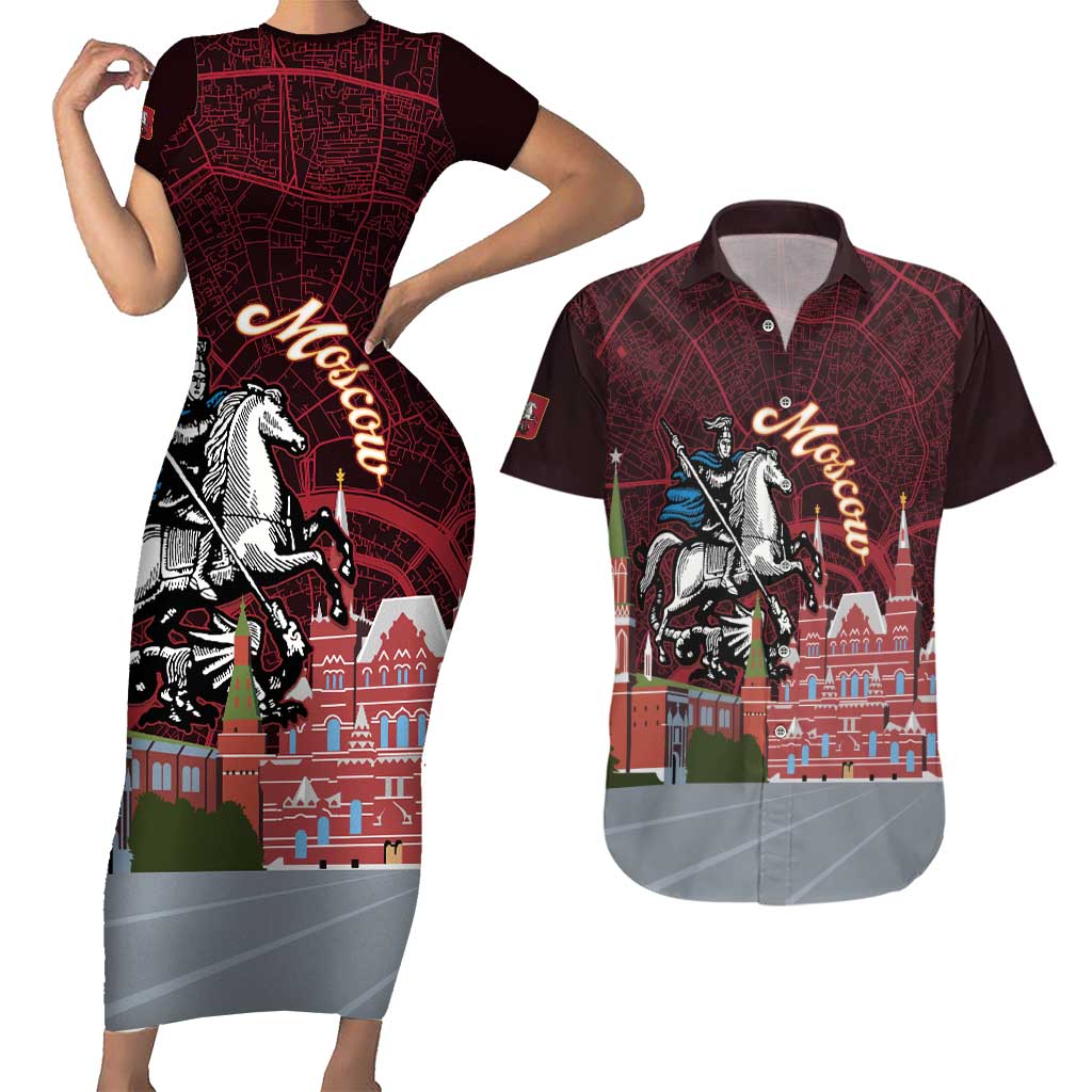 Russia Moscow Capital Couples Matching Short Sleeve Bodycon Dress and Hawaiian Shirt Moskva Red Square Map