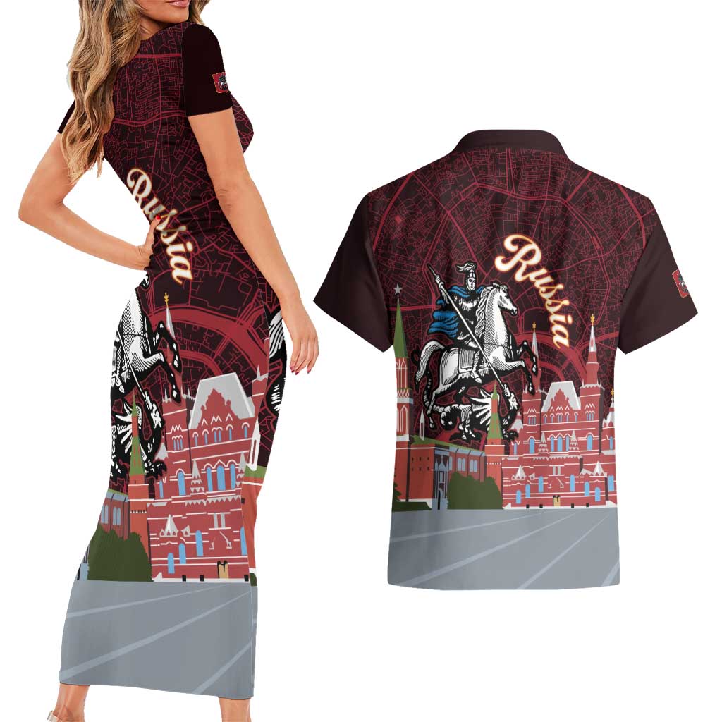 Russia Moscow Capital Couples Matching Short Sleeve Bodycon Dress and Hawaiian Shirt Moskva Red Square Map
