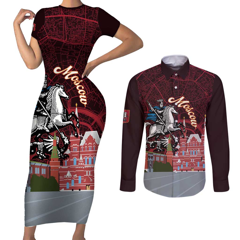 Russia Moscow Capital Couples Matching Short Sleeve Bodycon Dress and Long Sleeve Button Shirt Moskva Red Square Map