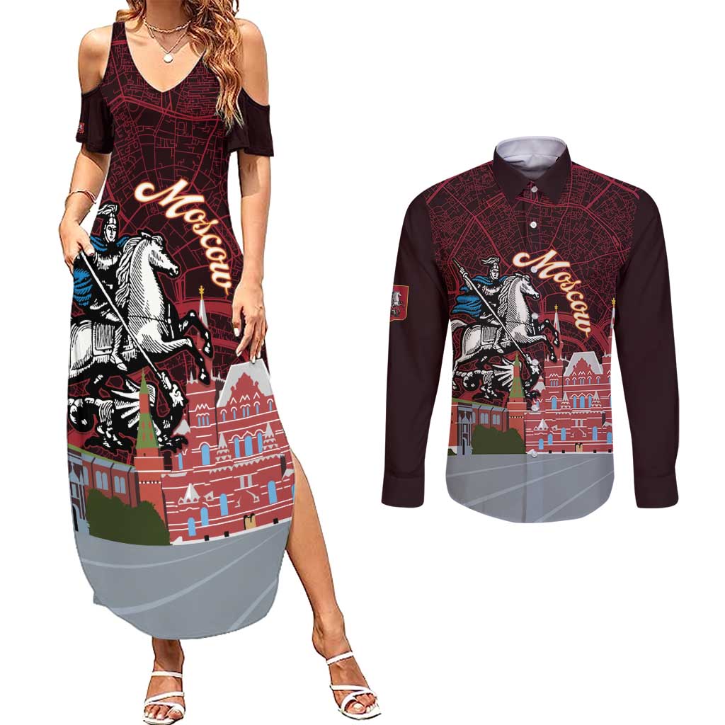 Russia Moscow Capital Couples Matching Summer Maxi Dress and Long Sleeve Button Shirt Moskva Red Square Map