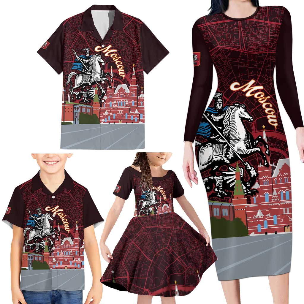Russia Moscow Capital Family Matching Long Sleeve Bodycon Dress and Hawaiian Shirt Moskva Red Square Map