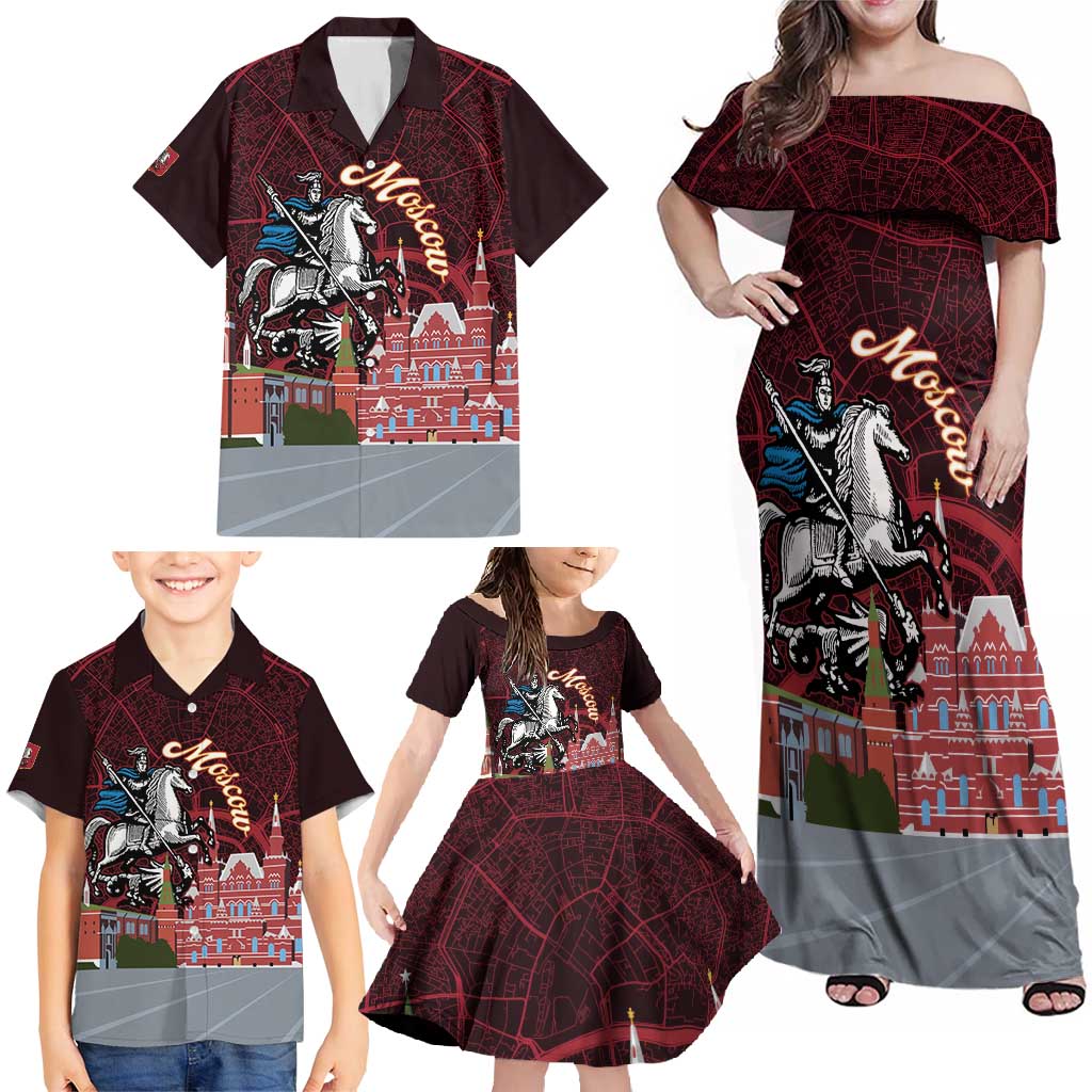 Russia Moscow Capital Family Matching Off Shoulder Maxi Dress and Hawaiian Shirt Moskva Red Square Map