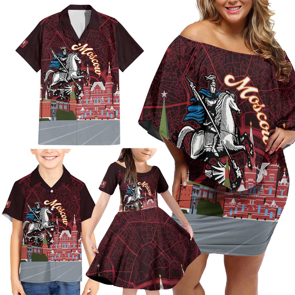 Russia Moscow Capital Family Matching Off Shoulder Short Dress and Hawaiian Shirt Moskva Red Square Map