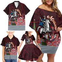 Russia Moscow Capital Family Matching Off Shoulder Short Dress and Hawaiian Shirt Moskva Red Square Map