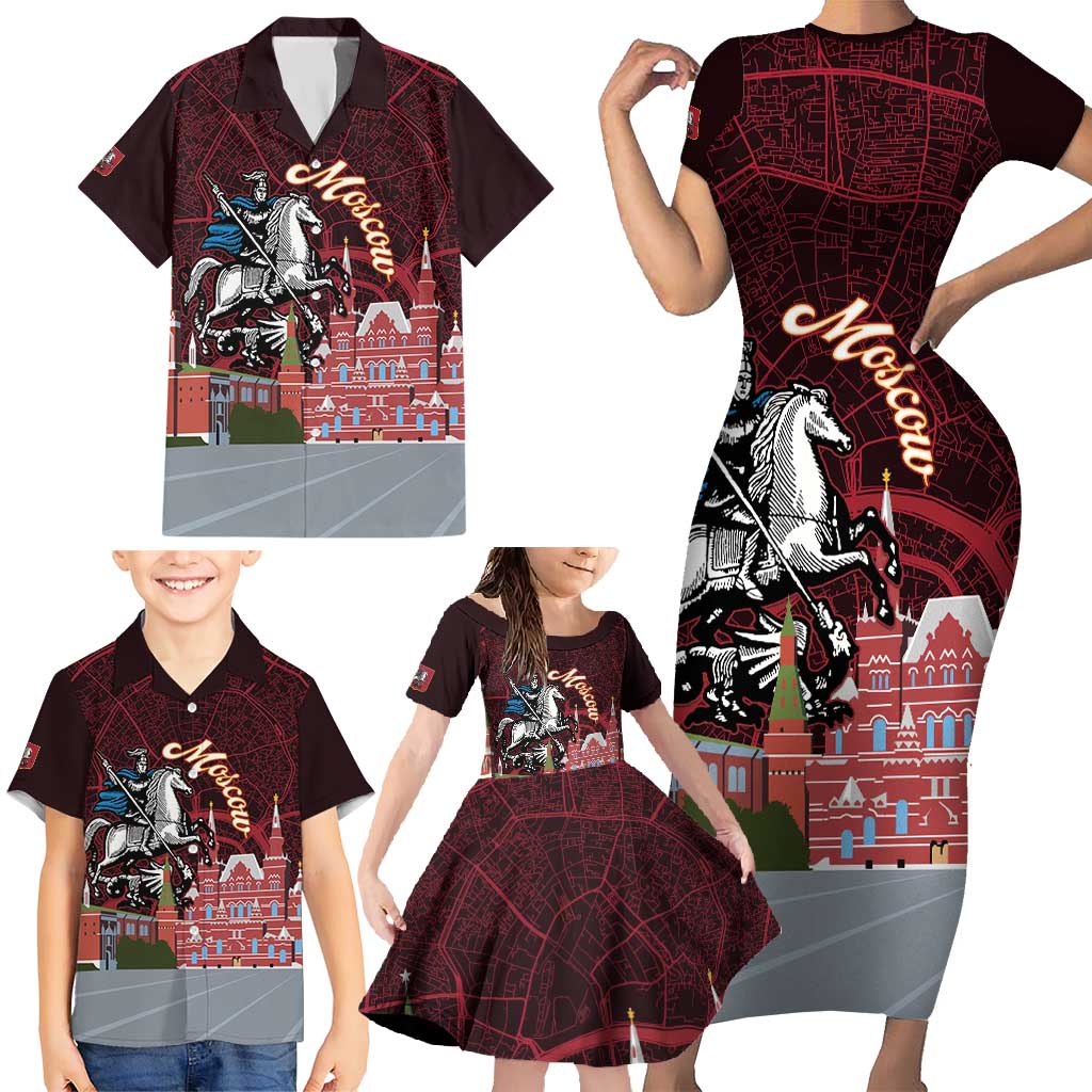 Russia Moscow Capital Family Matching Short Sleeve Bodycon Dress and Hawaiian Shirt Moskva Red Square Map