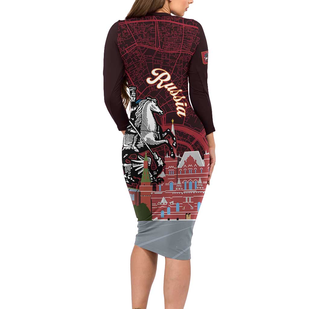 Russia Moscow Capital Long Sleeve Bodycon Dress Moskva Red Square Map