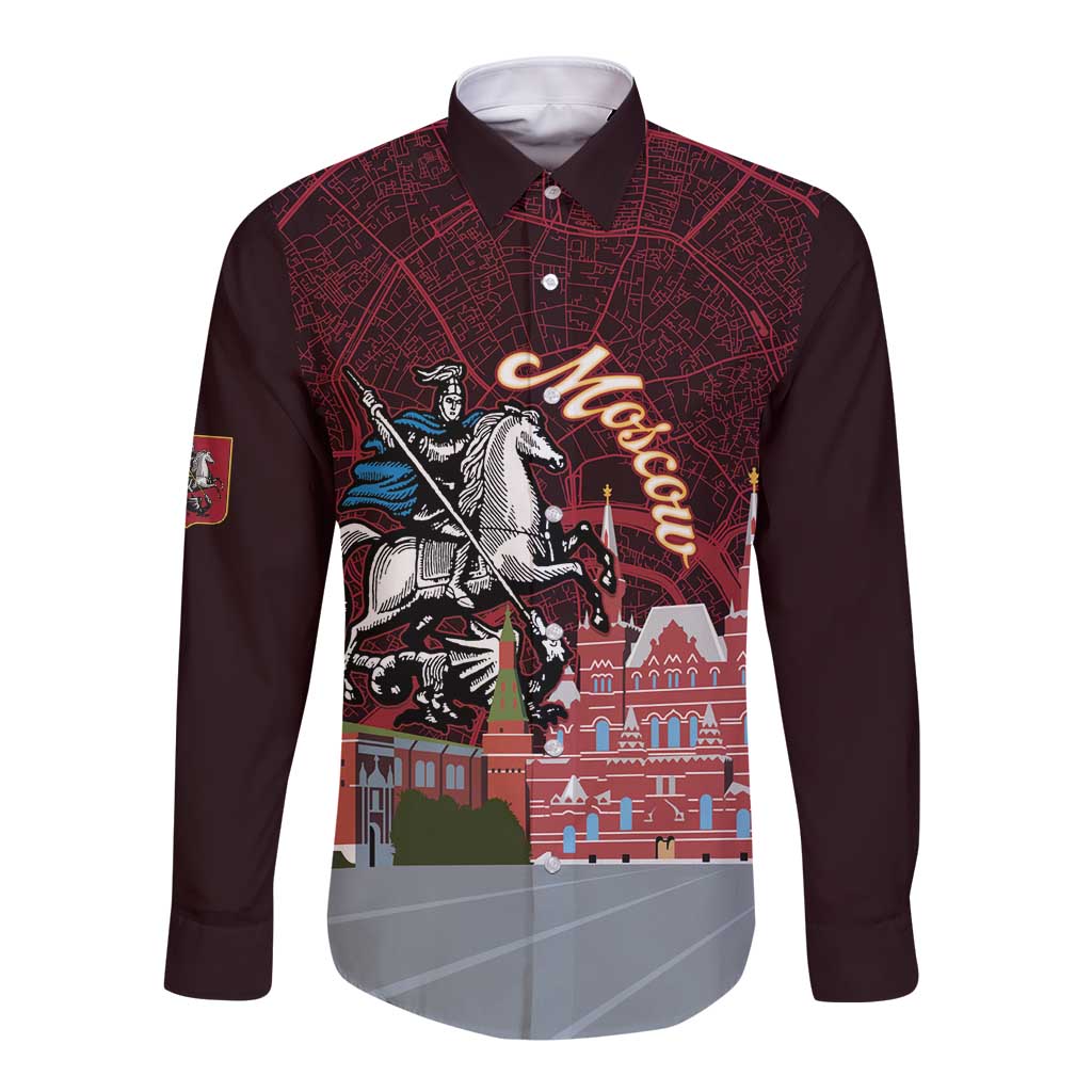Russia Moscow Capital Long Sleeve Button Shirt Moskva Red Square Map