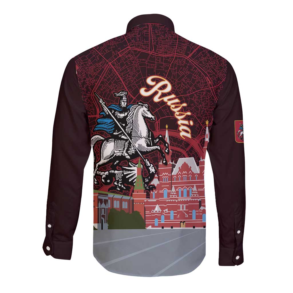 Russia Moscow Capital Long Sleeve Button Shirt Moskva Red Square Map