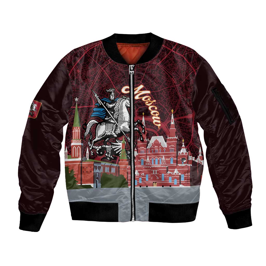 Russia Moscow Capital Sleeve Zip Bomber Jacket Moskva Red Square Map