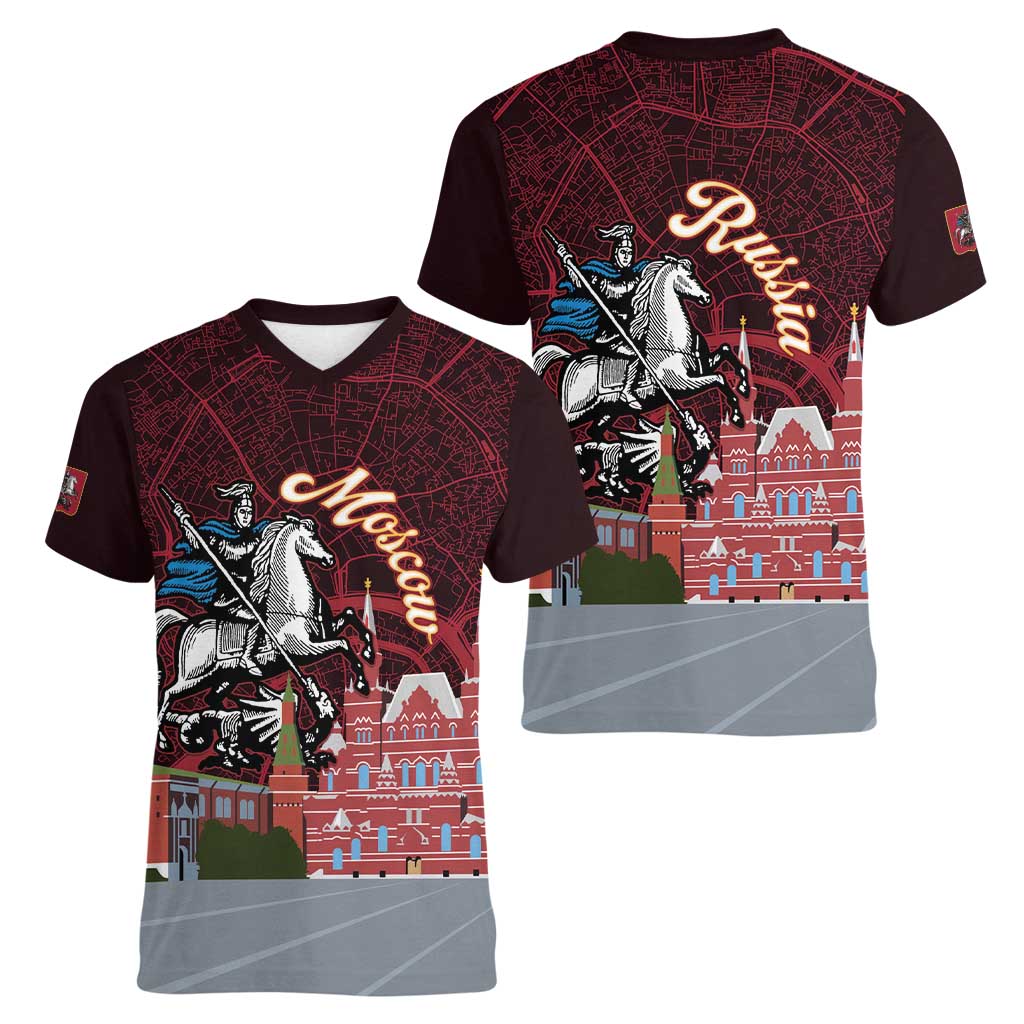 Russia Moscow Capital Women V-Neck T-Shirt Moskva Red Square Map