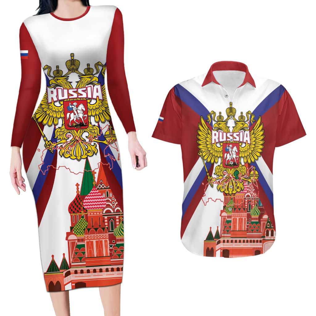 Russia Day Couples Matching Long Sleeve Bodycon Dress and Hawaiian Shirt Coat Of Arms With Saint Basil's Cathedral