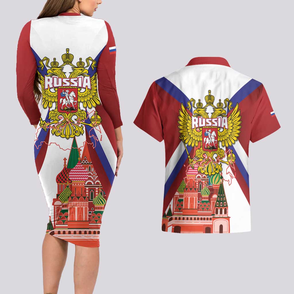 Russia Day Couples Matching Long Sleeve Bodycon Dress and Hawaiian Shirt Coat Of Arms With Saint Basil's Cathedral