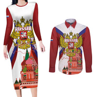 Russia Day Couples Matching Long Sleeve Bodycon Dress and Long Sleeve Button Shirt Coat Of Arms With Saint Basil's Cathedral