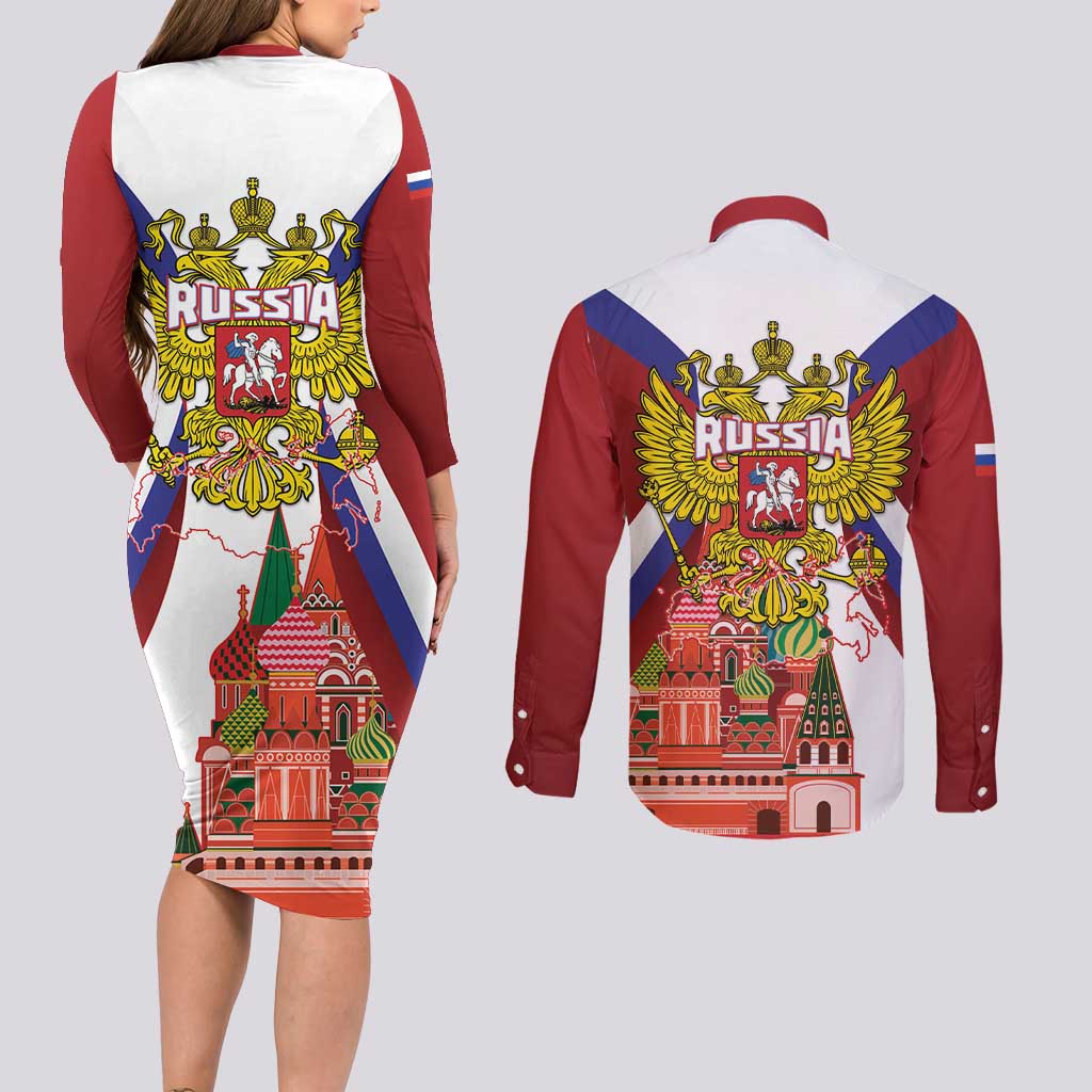 Russia Day Couples Matching Long Sleeve Bodycon Dress and Long Sleeve Button Shirt Coat Of Arms With Saint Basil's Cathedral