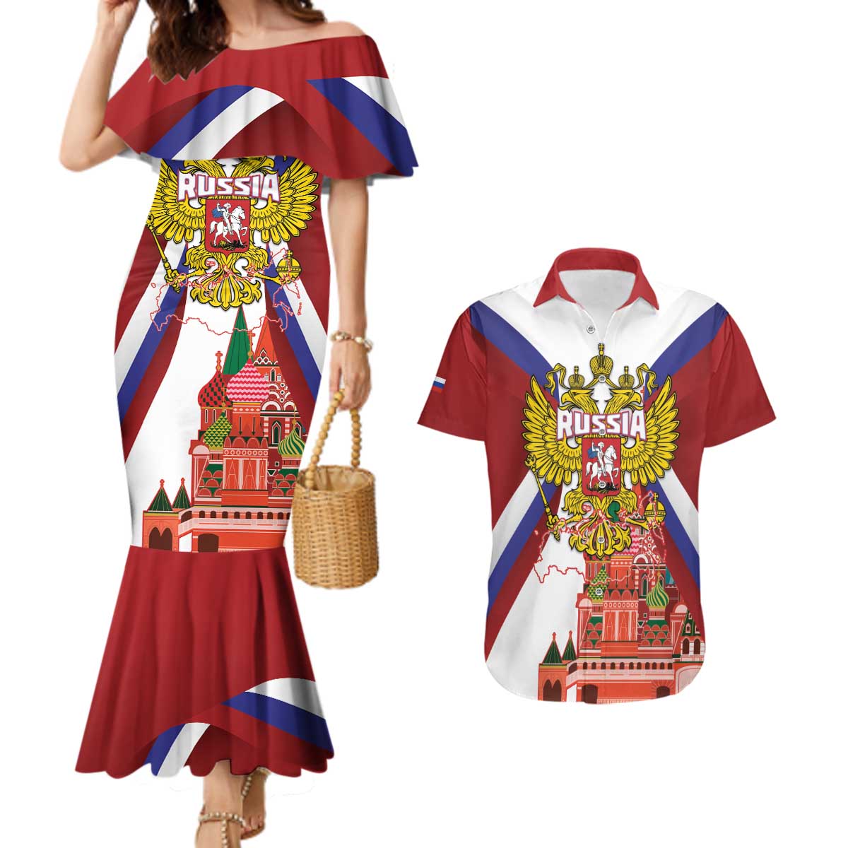Russia Day Couples Matching Mermaid Dress and Hawaiian Shirt Coat Of Arms With Saint Basil's Cathedral