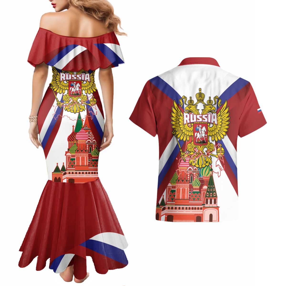 Russia Day Couples Matching Mermaid Dress and Hawaiian Shirt Coat Of Arms With Saint Basil's Cathedral