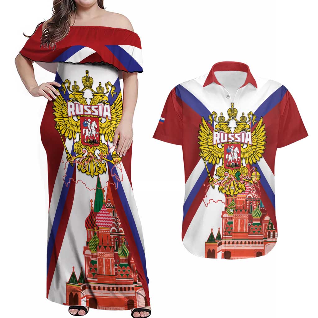 Russia Day Couples Matching Off Shoulder Maxi Dress and Hawaiian Shirt Coat Of Arms With Saint Basil's Cathedral