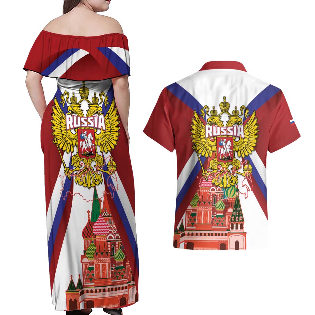 Russia Day Couples Matching Off Shoulder Maxi Dress and Hawaiian Shirt Coat Of Arms With Saint Basil's Cathedral