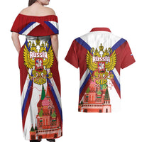 Russia Day Couples Matching Off Shoulder Maxi Dress and Hawaiian Shirt Coat Of Arms With Saint Basil's Cathedral