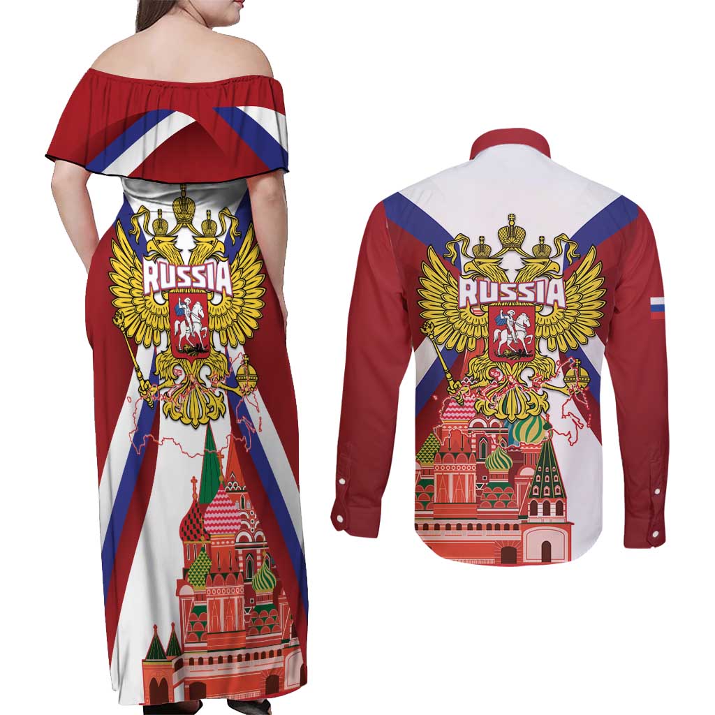 Russia Day Couples Matching Off Shoulder Maxi Dress and Long Sleeve Button Shirt Coat Of Arms With Saint Basil's Cathedral